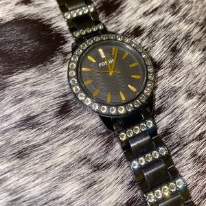 Fossil Watch Black Gold Rhinestones